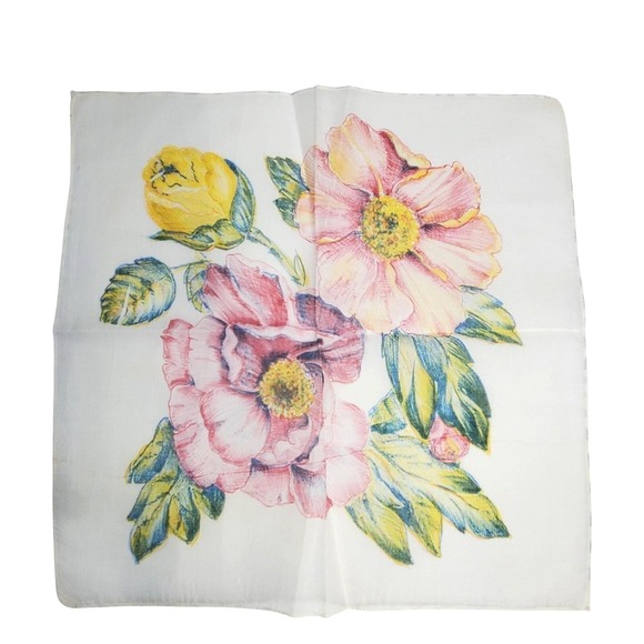 Accessories - Vintage Floral Print Handkerchief 13"‎ Square Cotton Blend Pink Yellow Flowers